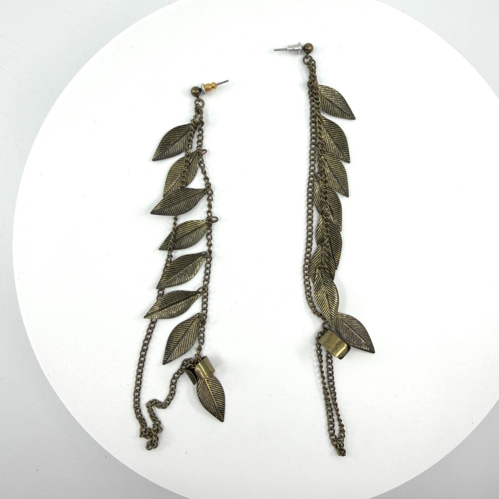 Boho Leaf Dangle Earrings - Bronze Tone Long Statement Accessory